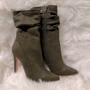 New olive green size 5.5 scrunch ankle booties. With side zipper. 4 inch heel